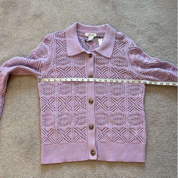 Rachel Zoe Crochet Open Knit Polo Cardigan Sweater Size M Purple Cottagecore NWT - Picture 6 of 7